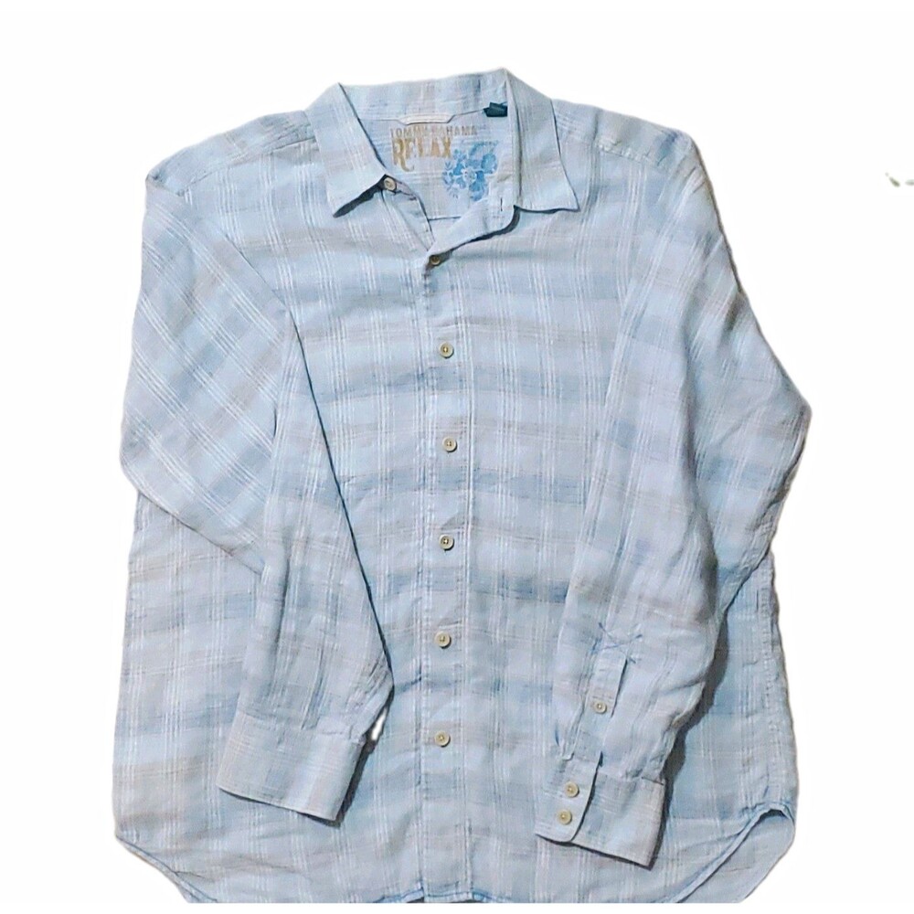 Tommy Bahama Relax Men's XL Blue/White Plaid Woven Linen Button-Front LS Shirt